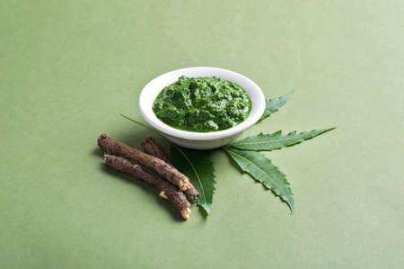 Medicinal Neem leaves and twigs with paste in bowl on green backgroundの写真素材