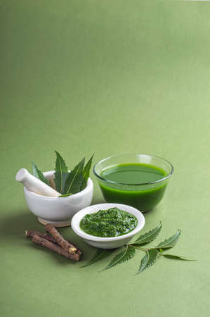 Medicinal Neem leaves in mortar and pestle with neem paste, juice and twigs on green backgroundの写真素材