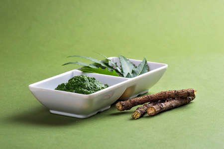 Medicinal Neem leaves paste and leaves with twigs on green backgroundの写真素材