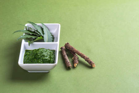 Medicinal Neem leaves paste and leaves with twigs on green backgroundの写真素材