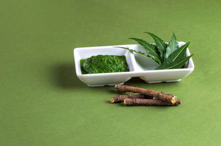 Medicinal Neem leaves paste and leaves with twigs on green backgroundの写真素材