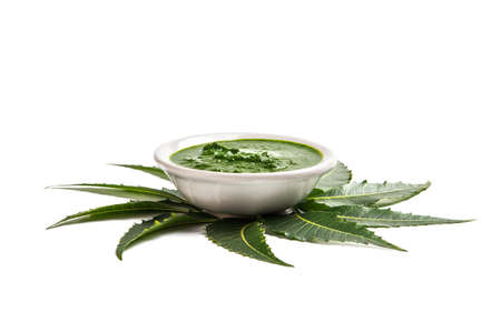 Medicinal Neem leaves with paste in bowl on white background.の写真素材