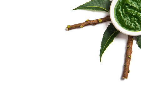 Medicinal Neem leaves with paste in bowl and twigs on white background