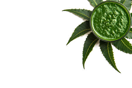 Medicinal Neem leaves with paste in bowl on white background.の写真素材