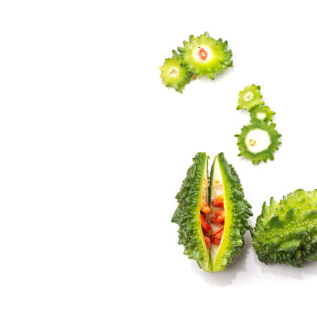 Bitter melon or bitter gourd on white background.の写真素材