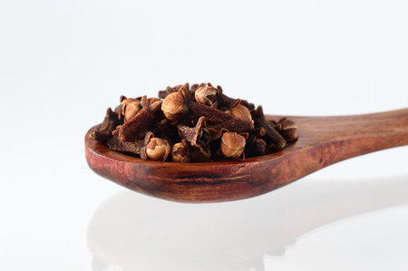 clove in spoon isolated on a white backgroundの写真素材