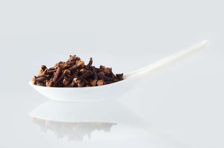 clove in spoon isolated on a white backgroundの写真素材