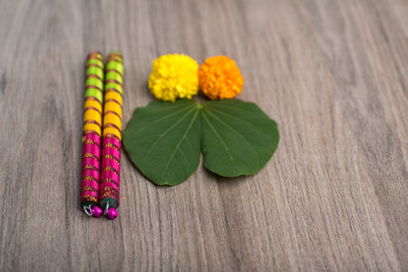 Indian Festival Dussehra and Navratri, showing golden leaf (Bauhinia racemosa) and marigold flowers...
