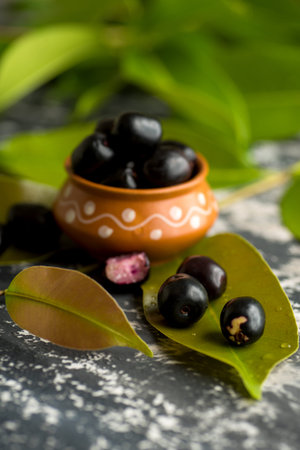Jambolan plum or jambul or Jamun fruit, Java plum (Syzygium cumini) with leaf on stone textured...