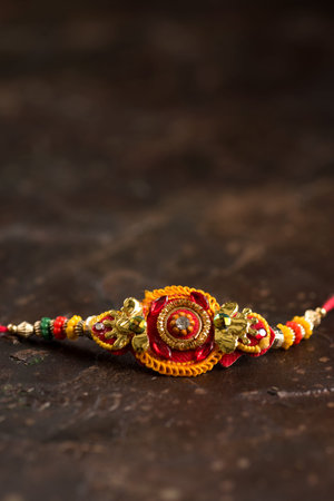 Raksha Bandhan background with an elegant Rakhi and scattered rice. A traditional Indian wrist band...