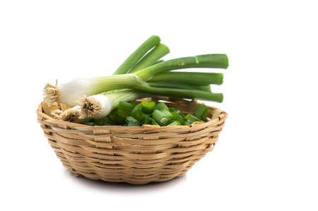 Fresh ripe green spring onions (shallots or scallions) with chopped onions in basket on white backgroundの写真素材