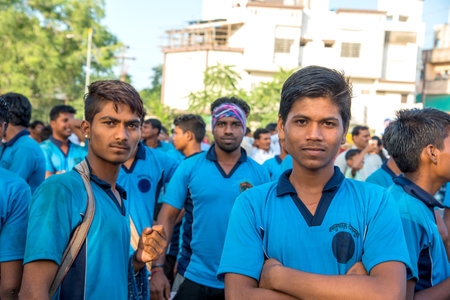 AMRAVATI, MAHARASHTRA, INDIA - 8 SEPTEMBER 2018: Crowd of young People enjoying and dancing in the "Govinda" at Dahi Handi festival to celebrate God Krishna's Birth.のeditorial素材