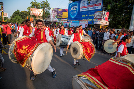 AMRAVATI, MAHARASHTRA, INDIA - 27 SEPTEMBER 2018: Unidentified faithful people carrying Hindu God Ganesha for immersion near water bodies during Ganesha festival. Annual festival.のeditorial素材