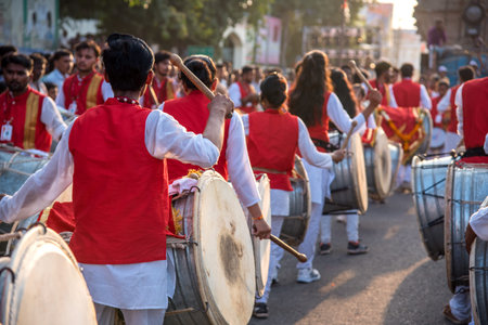 AMRAVATI, MAHARASHTRA, INDIA - 27 SEPTEMBER 2018: Unidentified faithful people carrying Hindu God...