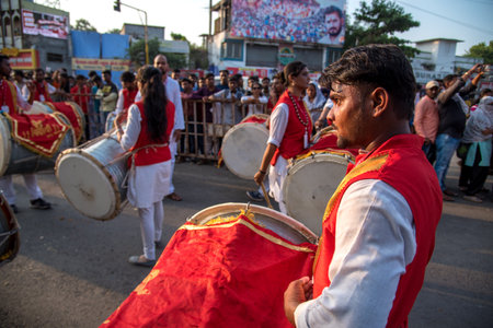 AMRAVATI, MAHARASHTRA, INDIA - 27 SEPTEMBER 2018: Unidentified faithful people carrying Hindu God Ganesha for immersion near water bodies during Ganesha festival. Annual festival.のeditorial素材