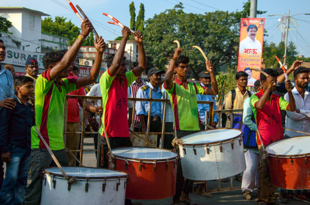 AMRAVATI, MAHARASHTRA, INDIA - 27 SEPTEMBER 2018: Crowd of unidentified people carrying Hindu God...