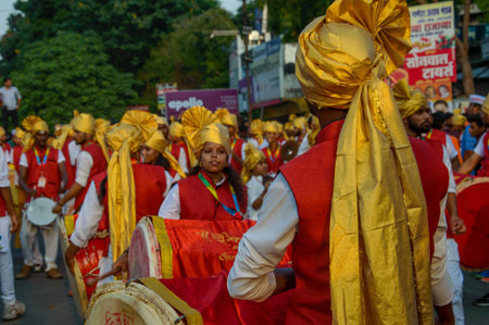 AMRAVATI, MAHARASHTRA, INDIA - 27 SEPTEMBER 2018: Crowd of unidentified people carrying Hindu God...