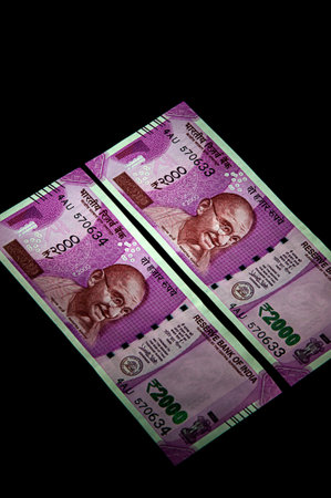 New Indian Currency of Rs.2000 on black background. Published on 9 November 2016.