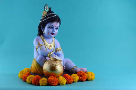 Hindu God Krishna on blue backgroundの写真素材