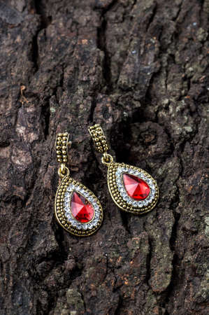 Pair of Earrings on wooden backgroundの写真素材