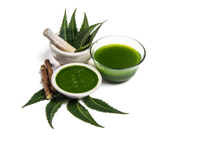 Medicinal Neem leaves in mortar and pestle with neem paste, juice and twigs on white backgroundの写真素材