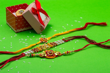 Raakhi and a gift for the sister given by brother on the occasion of Raksha Bandhan. Indian festival...