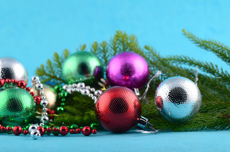 Christmas Decoration: Christmas ball and ornaments with the branch of Christmas treeの写真素材