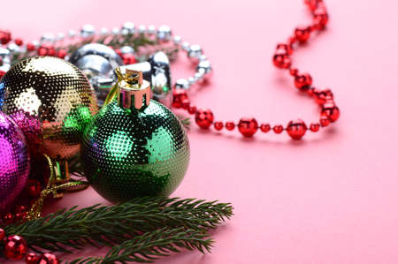Christmas Decoration: Christmas ball and ornaments with the branch of Christmas treeの写真素材