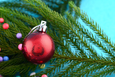 Christmas Decoration: Christmas ball and ornaments with the branch of Christmas tree