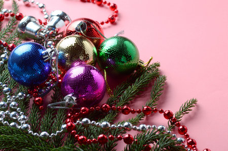 Christmas Decoration: Christmas ball and ornaments with the branch of Christmas tree