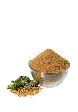 Coriander seeds, Fresh Coriander and Powdered coriander isolated on white background.