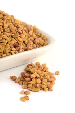 Fenugreek seeds in white plate isolated on white backgroundの写真素材
