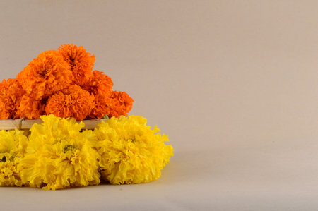 Marigold (Zendu Flowers) flowers in a bamboo basket.の写真素材