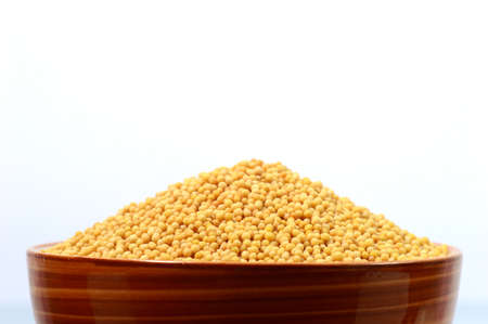 yellow mustard seeds in bowl isolated on white backgroundの写真素材