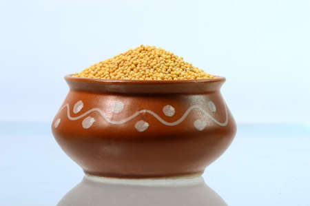 yellow mustard seeds in clay pot isolated on white backgroundの写真素材