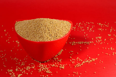 yellow mustard seeds in red bowl isolated on red backgroundの写真素材