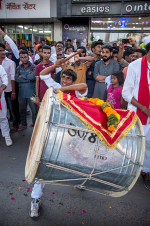 AMRAVATI, MAHARASHTRA, INDIA - SEPTEMBER 05: Lord Ganesha procession for Ganesh Chaturthi, people...