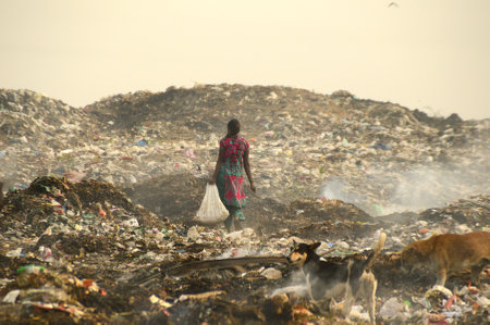 AMRAVATI, MAHARASHTRA, INDIA - APRIL 09, 2014: Unidentified rag pickers search for recyclable material in the garbage. Land and air pollution in India on April 09, 2014, Amravati, India.のeditorial素材