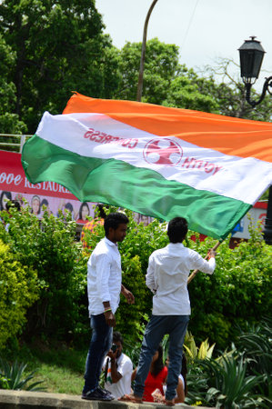 NAGPUR, MAHARASHTRA, INDIA, AUGUST - 15 : Unidentified people celebrating Independence Day at Futala lake in Nagpur on 15 August 2014のeditorial素材