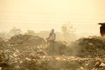 AMRAVATI, MAHARASHTRA, INDIA - APRIL 09, 2014: Unidentified rag pickers search for recyclable...