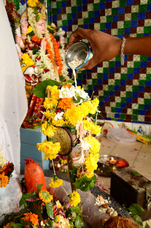 NAGPUR, MAHARASHTRA, INDIA - AUGUST 01 : People worship of Snake God in "Nag Panchami" festival. It is traditional worship of snakes or serpents observed by Hindus in Nagpur, India on 01 August 2014のeditorial素材