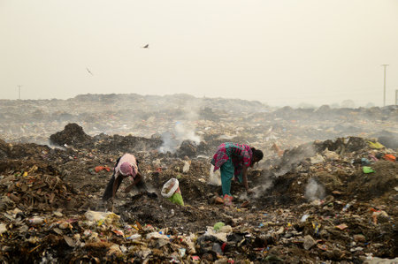 AMRAVATI, MAHARASHTRA, INDIA - APRIL 09, 2014: Unidentified rag pickers search for recyclable material in the garbage. Land and air pollution in India on April 09, 2014, Amravati, India.のeditorial素材