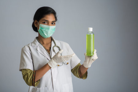 Portrait of young girl using or showing a sanitizing gel from a bottle for hands cleaning.