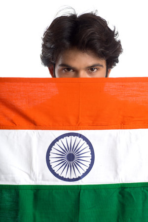 Young man with Indian flag or tricolor on white background, Indian Independence day, Indian Republic...