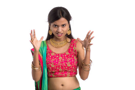 Beautiful Indian traditional girl posing on white background.の写真素材