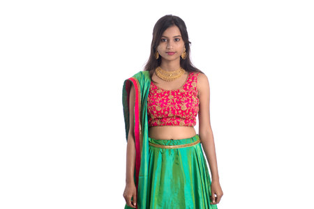 Beautiful Indian traditional girl posing on white background.