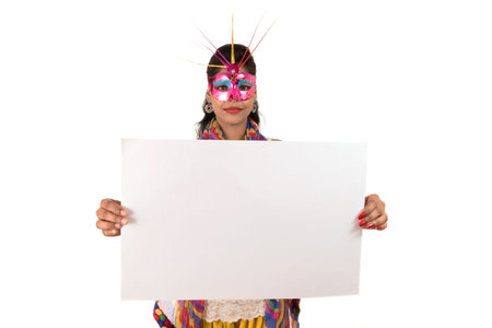 Girl wearing a mask and holding white sign board. Isolated portrait