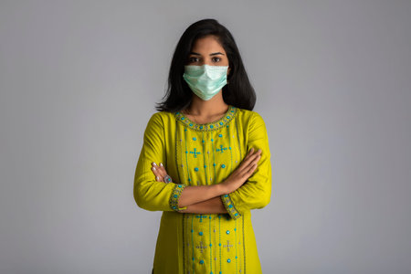 Portrait of a young girl woman posing on gray backgroundの写真素材