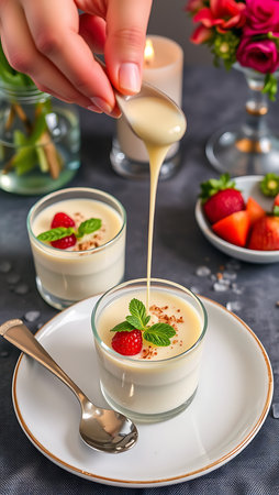 Delicious Italian dessert Panna Cotta with berriesの素材