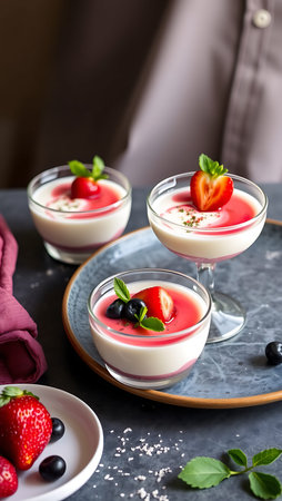 Delicious Italian dessert Panna Cotta with berriesの素材